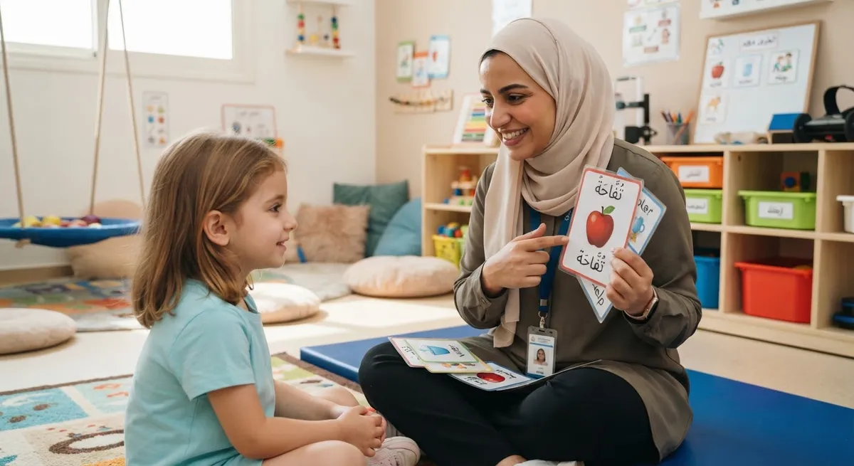 أخصائية تعرض بطاقات تواصل لطفل